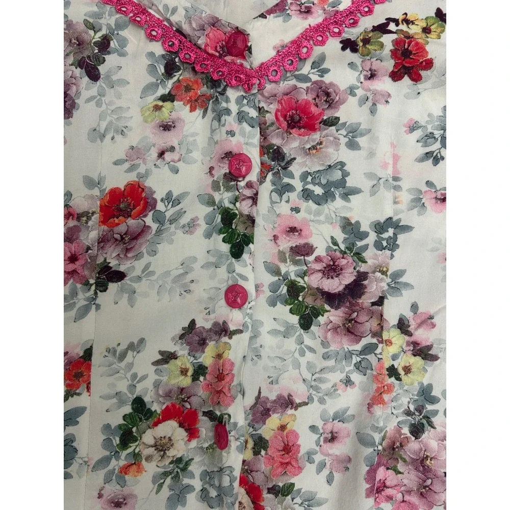 Vintage Handmade Floral Set Pink Lace Trim‎ Short Sleeve Top Pants cottage